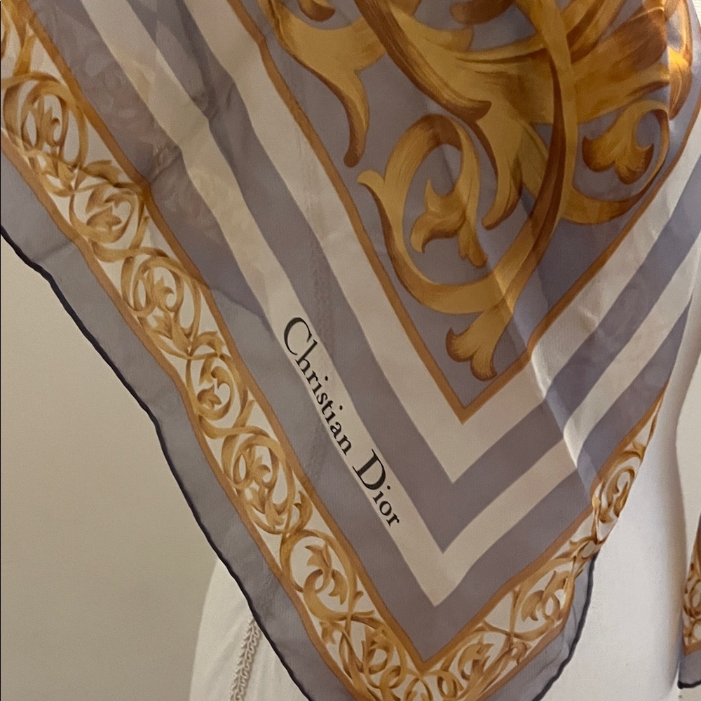 Dior Elegant Gold and Gray Scarf with Polka Dots - Picture 2 of 12